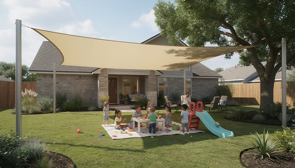 In an Austin backyard, children are joyfully playing under a colorful sail shade installation, which provides natural shade and cool relief from the warm sun. The shade sails create a safe and inviting outdoor space, enhancing the backyard's aesthetics while protecting the kids from UV rays and radiant heat.