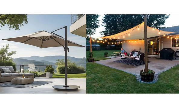 Outdoor spaces with beige umbrellas. Left: mountain view, modern patio furniture. Right: garden, string lights, cozy seating area.