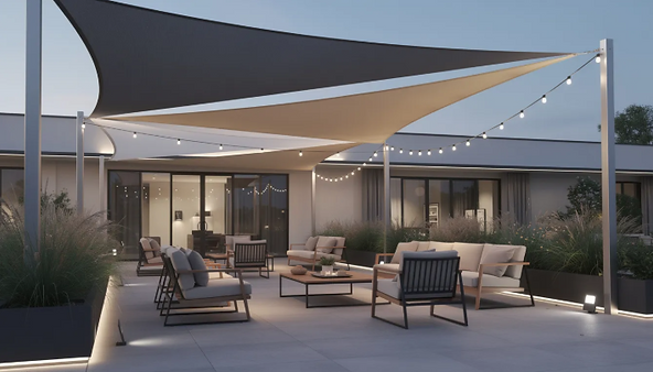 Modern patio with cozy chairs and tables under large fabric shades. String lights add ambiance. Evening setting with soft lighting.