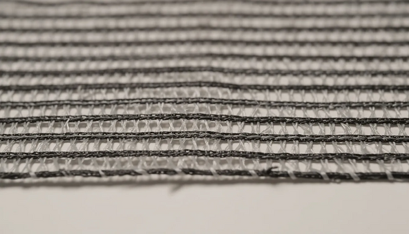 Close-up of a black and white striped fabric with a mesh pattern on a light surface. The design is textured and detailed.