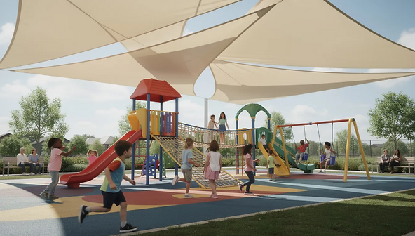 Children play on colorful playground equipment under a sunshade, with swings and slides. Trees and benches are in the background.