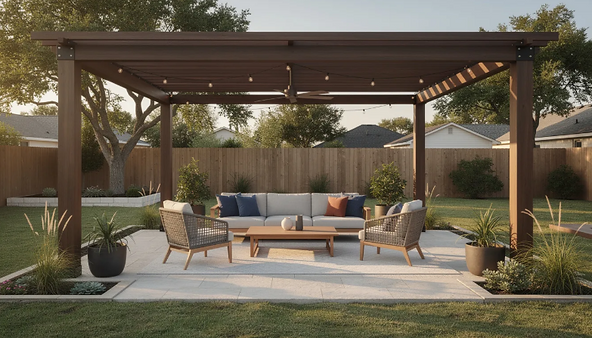 A modern pergola structure provides shade over a stone patio adorned with comfortable outdoor furniture, creating an inviting outdoor space in an Austin backyard. This stylish shade structure enhances the home's exterior while offering protection from the Texas sun, making it ideal for enjoying the beauty of nature in the greater Austin area.