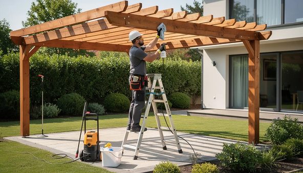A maintenance professional is carefully inspecting and cleaning a pergola structure in an outdoor space, ensuring its durability and functionality against the Texas heat. This shade structure enhances the beauty of the home's exterior while providing essential protection from the sun for outdoor living areas.