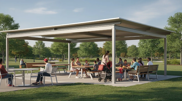 The image depicts a vibrant community gathering space featuring a large fabric shade structure that provides maximum sun protection over picnic tables and outdoor seating, where families are enjoying time together. This inviting outdoor area is designed to create a comfortable environment, shielding residents from harmful UV rays while enhancing the visual appeal of the space.