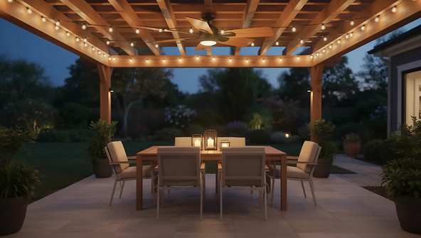 The image features a beautifully designed covered patio, complete with stylish outdoor dining furniture and a ceiling fan, all illuminated by charming string lights. This welcoming outdoor living space provides shade and shelter, making it an ideal area for entertaining friends and family year-round.