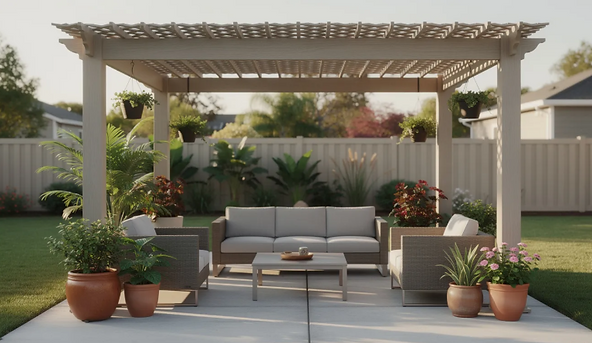 The image features a lattice-style Alumawood pergola providing shade over a stylish outdoor living space, complete with patio furniture and potted plants. This inviting area is perfect for entertaining friends, offering shelter from sun and rain while enhancing the aesthetics of the backyard.