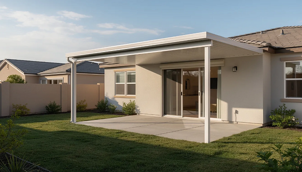 The image features a modern aluminum patio cover attached to a stucco home, providing a stylish and durable outdoor living space in a planned community neighborhood. This inviting area is designed for entertaining friends and family, offering shade and shelter from sun and rain while enhancing the overall aesthetics of the property.
