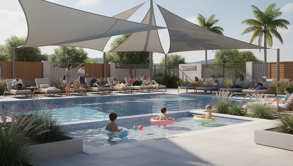 The image depicts a modern community pool area featuring shade sails that provide coverage over lounge chairs, where families are enjoying the outdoor space. This well-maintained community setting emphasizes shared spaces, enhancing the aesthetic appeal and promoting community engagement among residents.