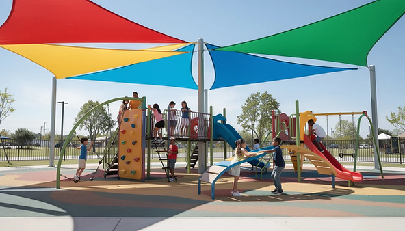 The image shows colorful triangular shade sails providing protection over a playground where children are joyfully climbing on various playground equipment. These shade structures create a comfortable environment for outdoor activities, ensuring safety from harmful UV rays while kids explore and play.
