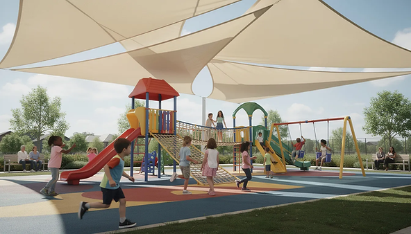 A group of children joyfully playing on colorful playground equipment is situated under a large fabric shade canopy, providing a comfortable environment while protecting them from harmful UV rays on a sunny day. This outdoor area emphasizes the importance of shade structures for daycare centers, allowing kids to explore and enjoy outdoor activities safely.