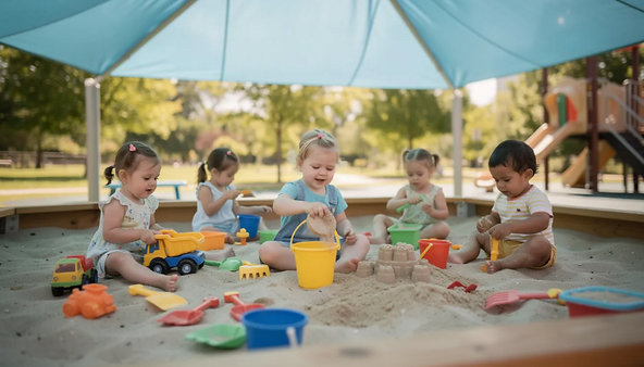 Toddlers are happily playing with colorful sand toys in a shaded sandbox area, protected from harmful UV rays by a soft blue canopy overhead. This outdoor space provides a comfortable environment for children to explore and enjoy outdoor activities while ensuring their safety and protection from the sun.