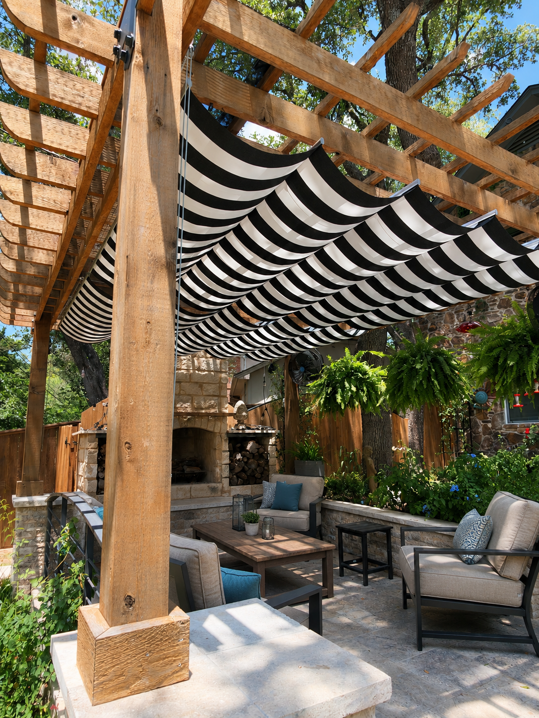 Golf View residence pergolas with retractable Roman shades