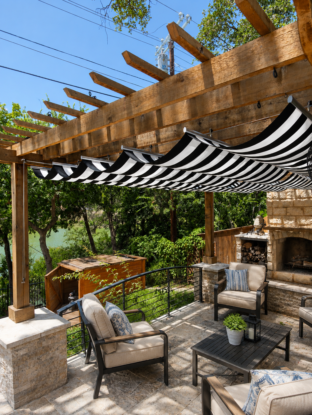 Golf View residence pergolas with retractable Roman shades