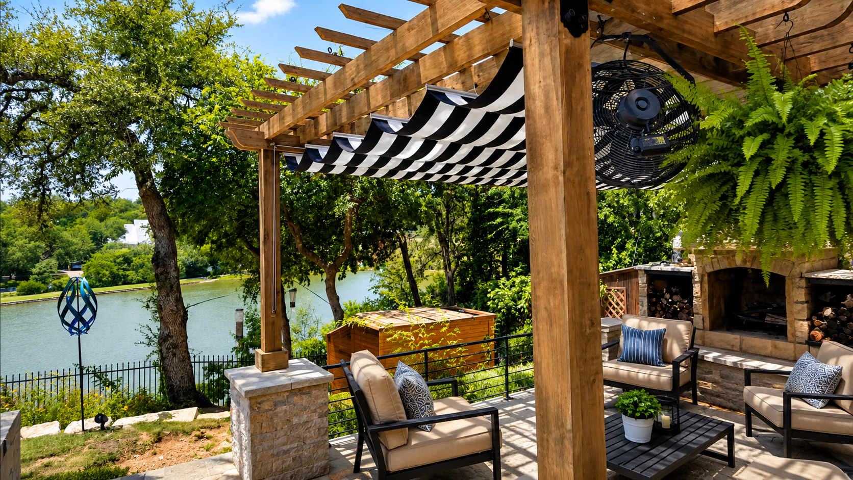 Golf View residence pergolas with retractable Roman shades