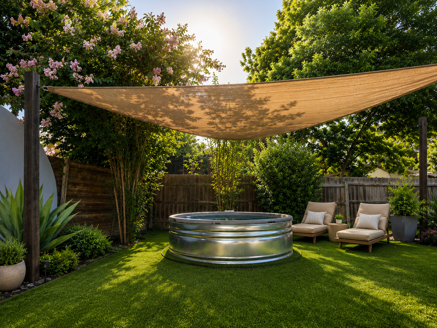Custom triangle shade sail over a cowboy pool in an East Austin backyard