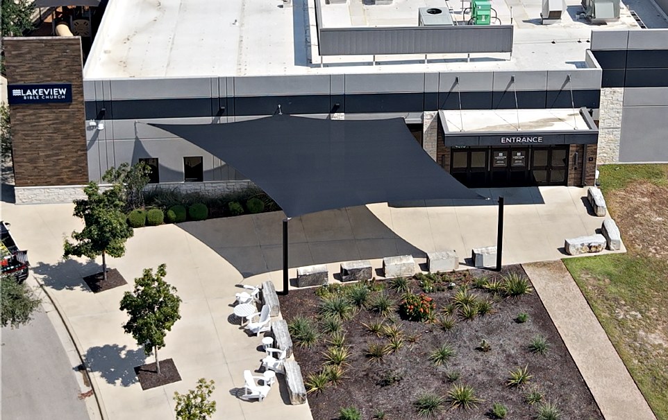 Overhead view of the front entry sail, with the Lakeview Bible Church sign at left
