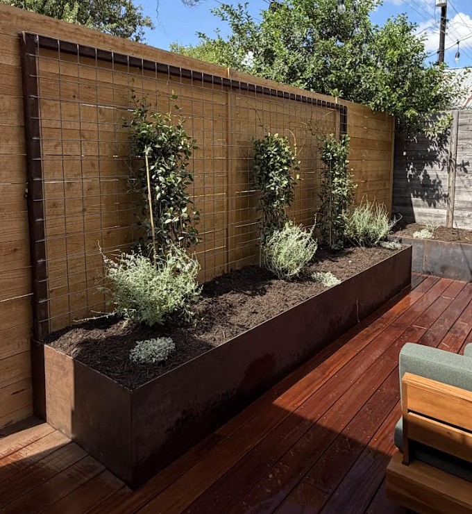 Weathering steel planter with a steel trellis on the new wood deck, by Collective Creative Outdoors