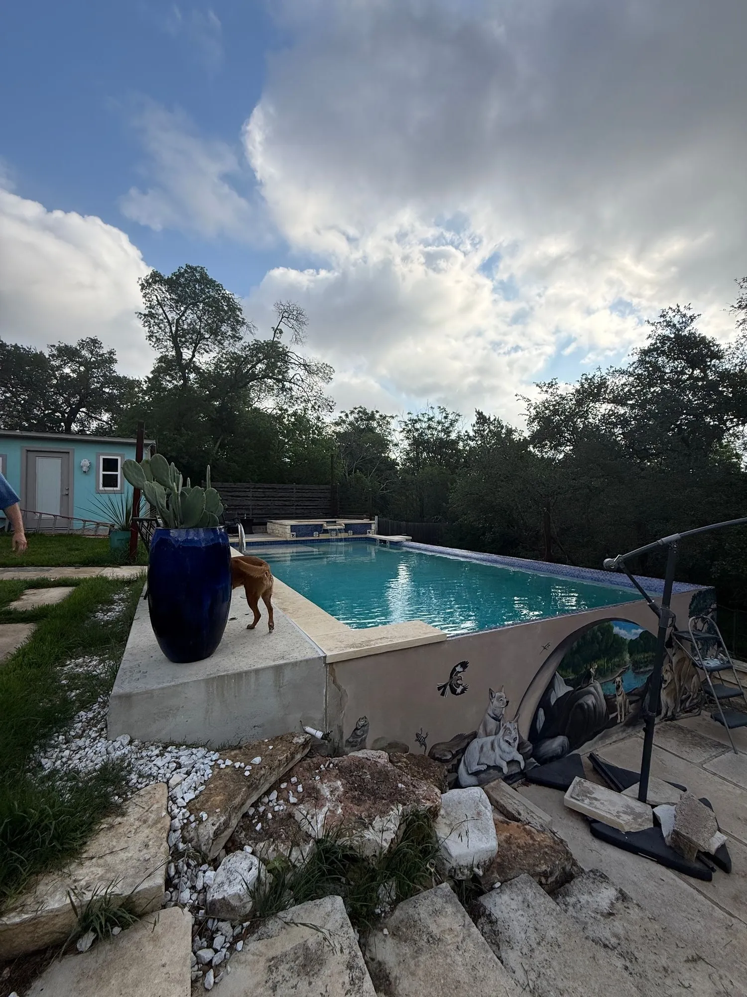 The South Austin pool before the new sails, with no shade over the water