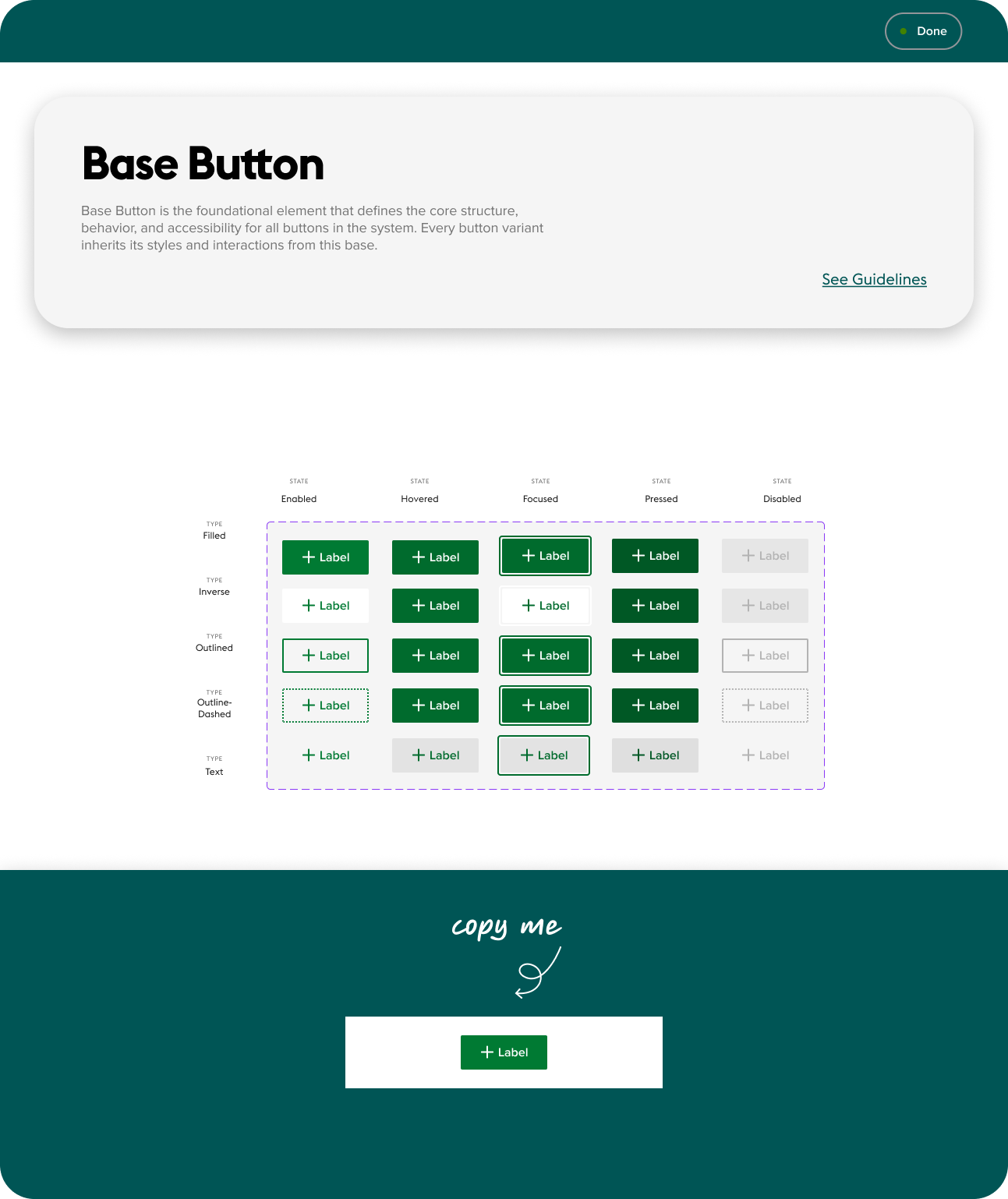Base Button documentation page showing five button types across five interaction states