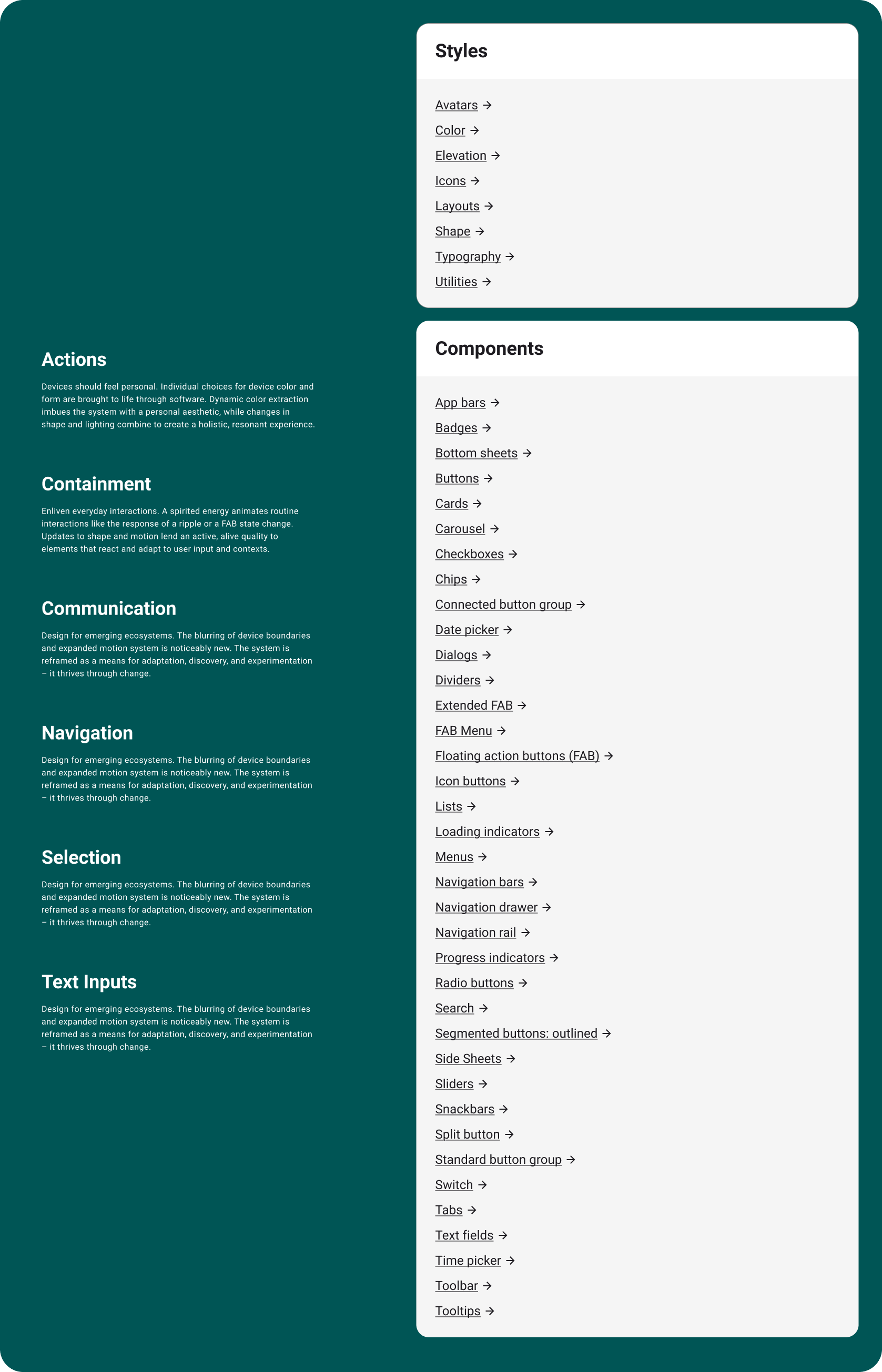Universal Design System library index listing style foundations and components