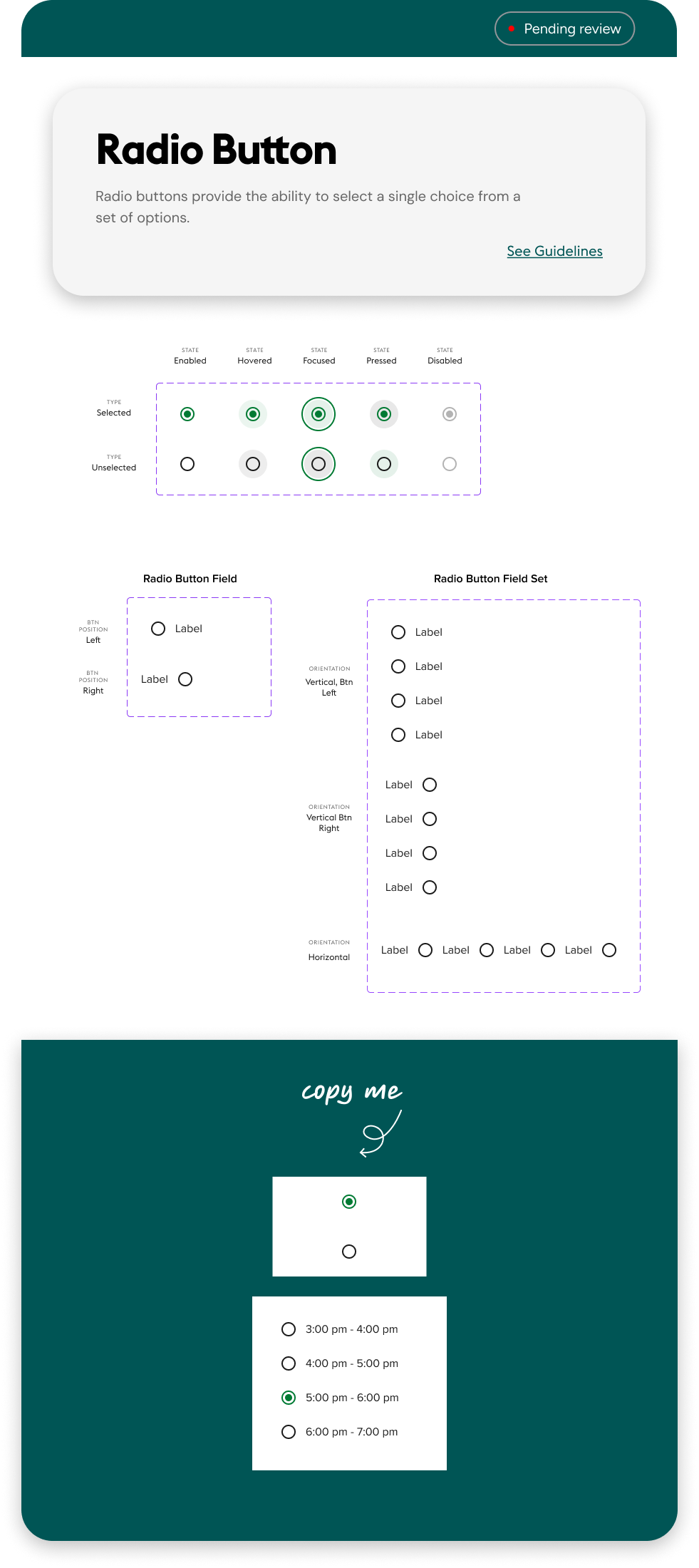 Radio Button documentation page showing states, field positions and field set orientations