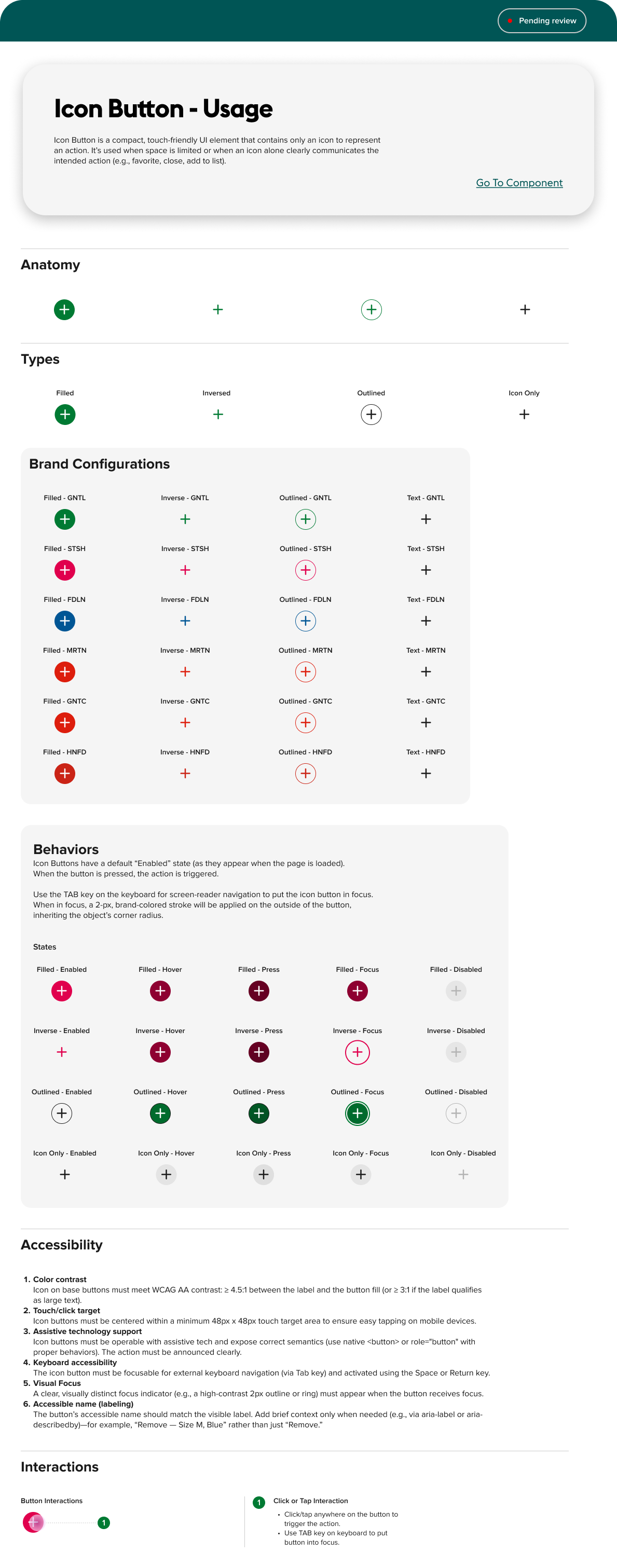 Icon Button usage page showing four types themed for each grocery brand, plus states and accessibility rules