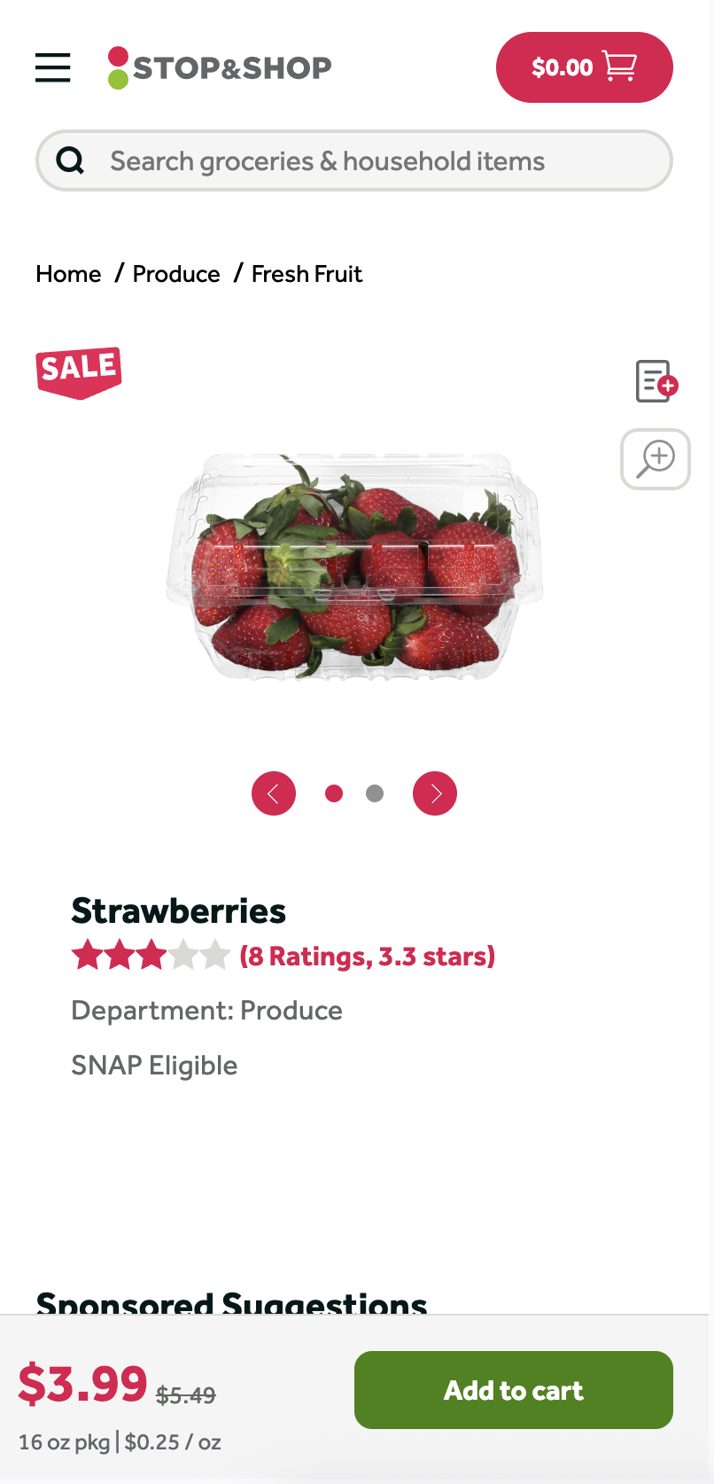 Stop & Shop product page on mobile for strawberries, with sale price and add to cart button