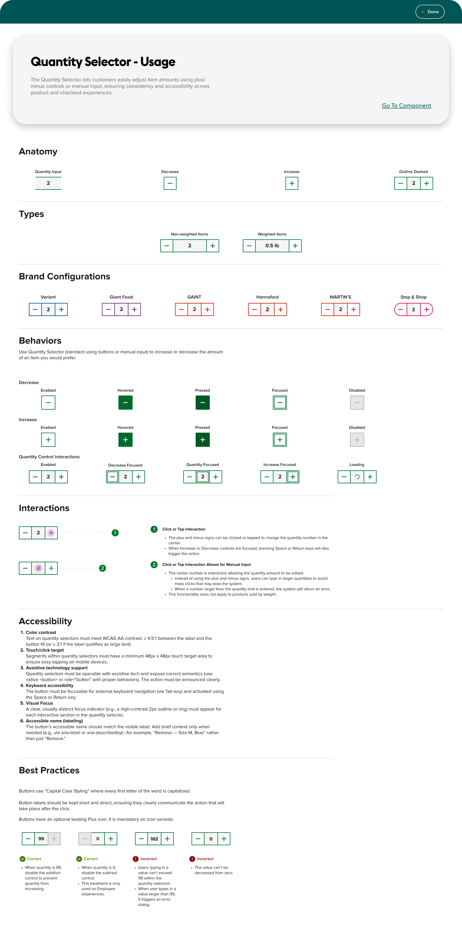 Quantity Selector usage page with anatomy, types, brand configurations, behaviors, interactions, accessibility rules and best practices