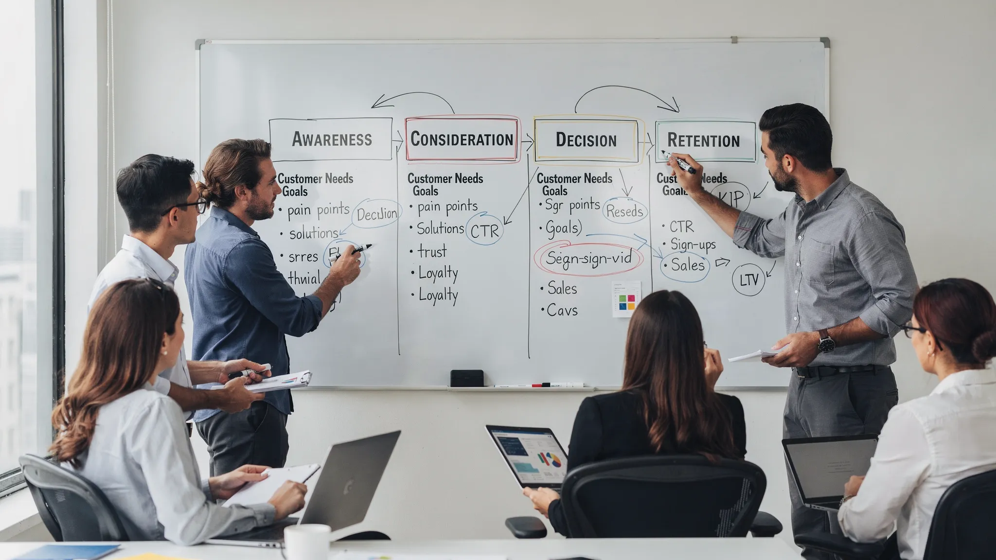 A marketing team planning a conversion-focused funnel on a whiteboard, with stages for awareness, consideration, decision, and retention connected to customer needs and measurable goals.