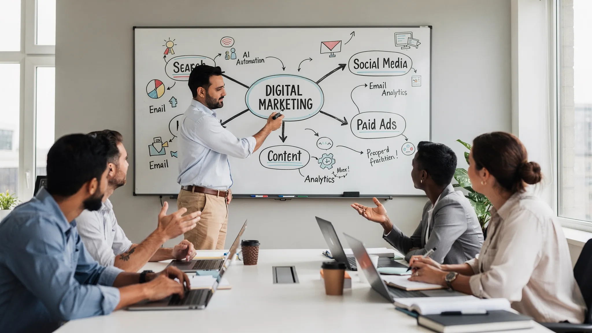 A small business team mapping digital marketing channels on a whiteboard, including search, social media, email, content, paid ads, analytics, and AI automation.