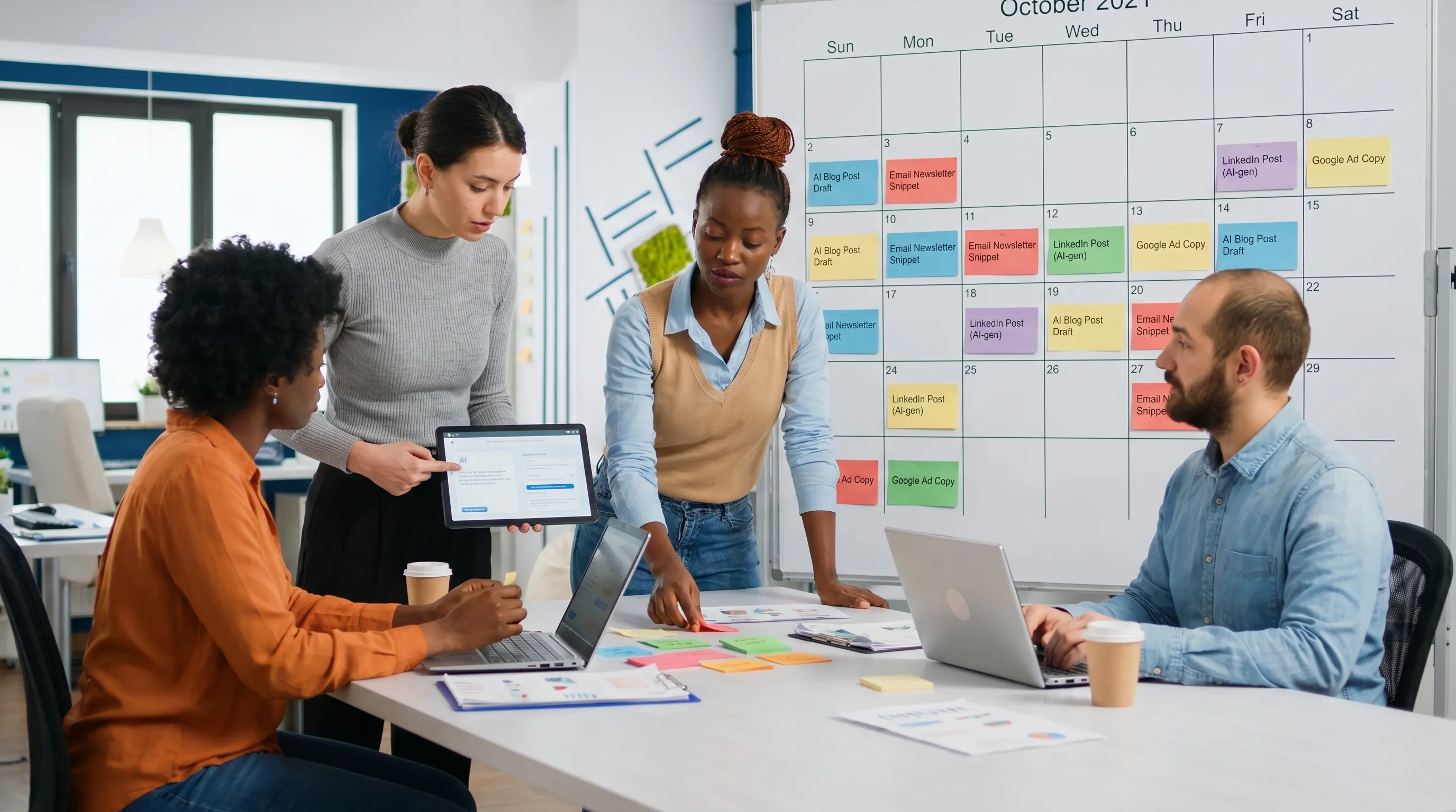A marketing team uses AI-assisted workflow cards to turn one long-form article into blog, email, social, and ad content assets across a content calendar.