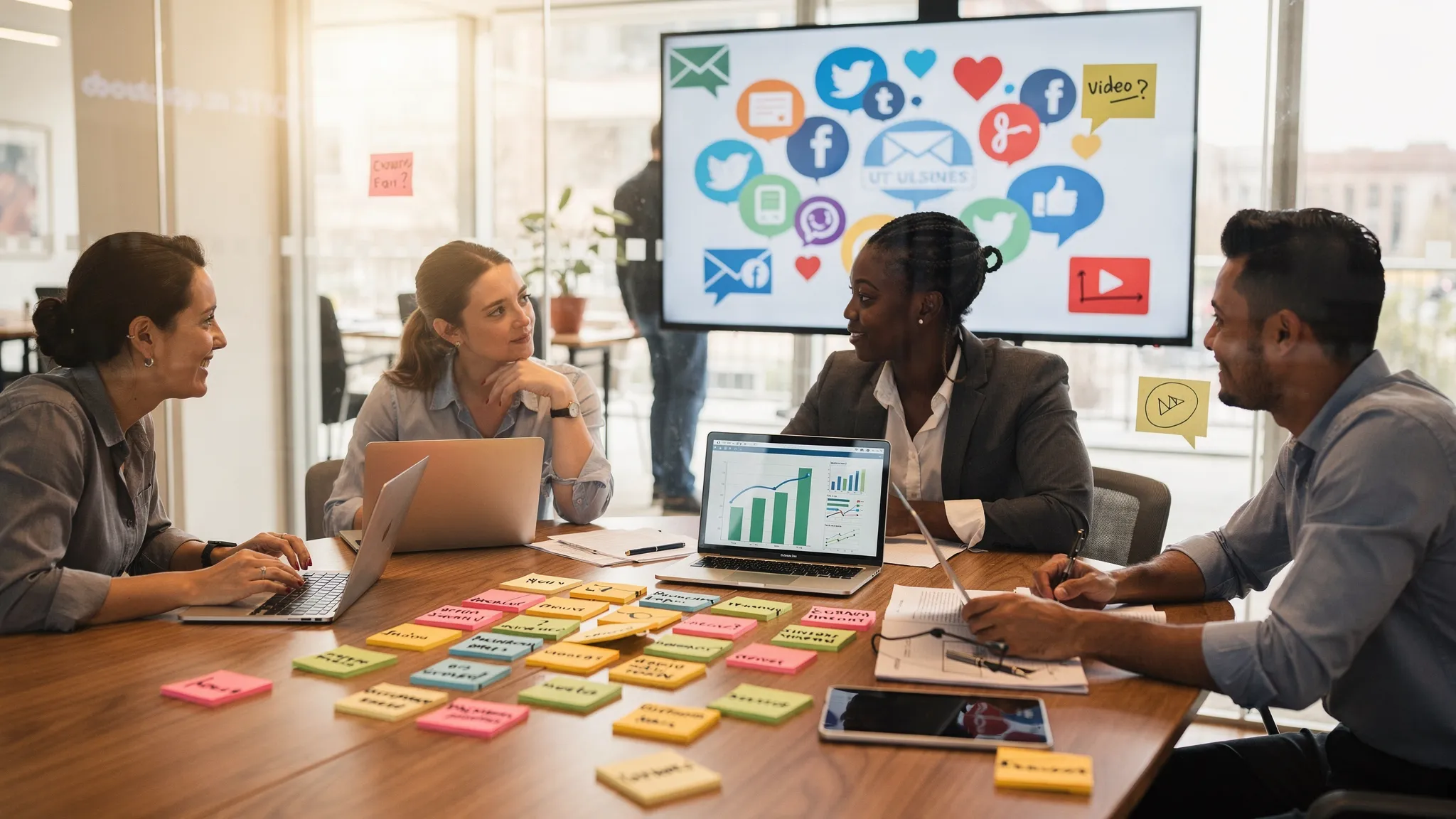 A marketing team brainstorming campaign ideas on sticky notes, with icons representing email, social media, analytics, video, and customer feedback around the workspace.