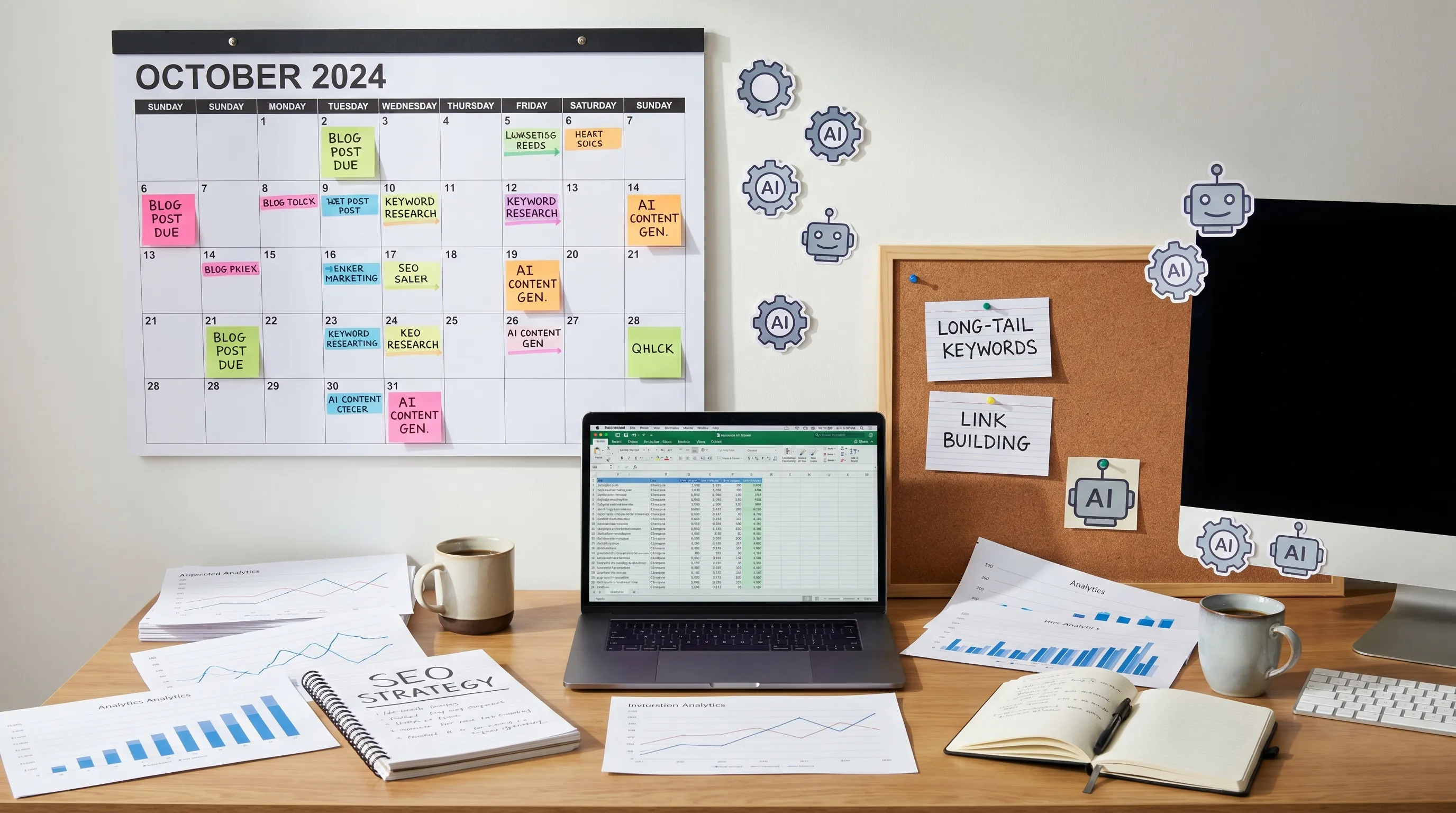 A compact marketing workspace with keyword notes, content briefs, printed analytics charts, and AI automation symbols arranged around a calendar for a small team SEO workflow.