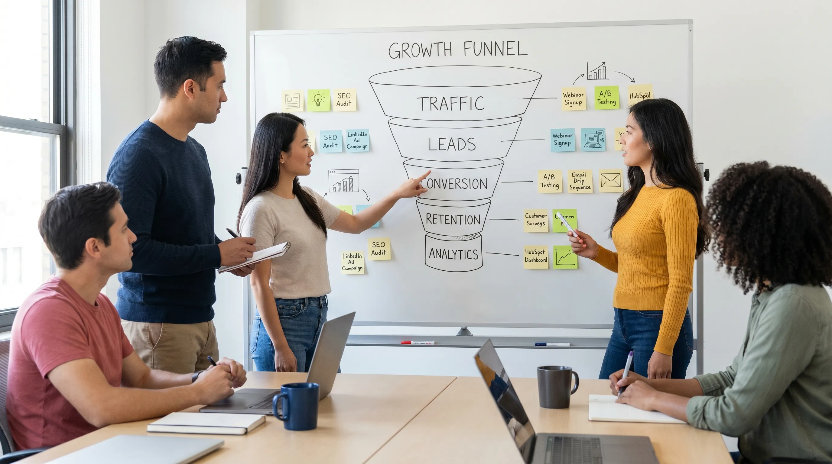 A marketing team reviews a growth funnel on a whiteboard with sections for traffic, leads, conversion, retention, and analytics. Notes and campaign ideas are grouped around each stage, showing a structured approach to faster marketing growth.