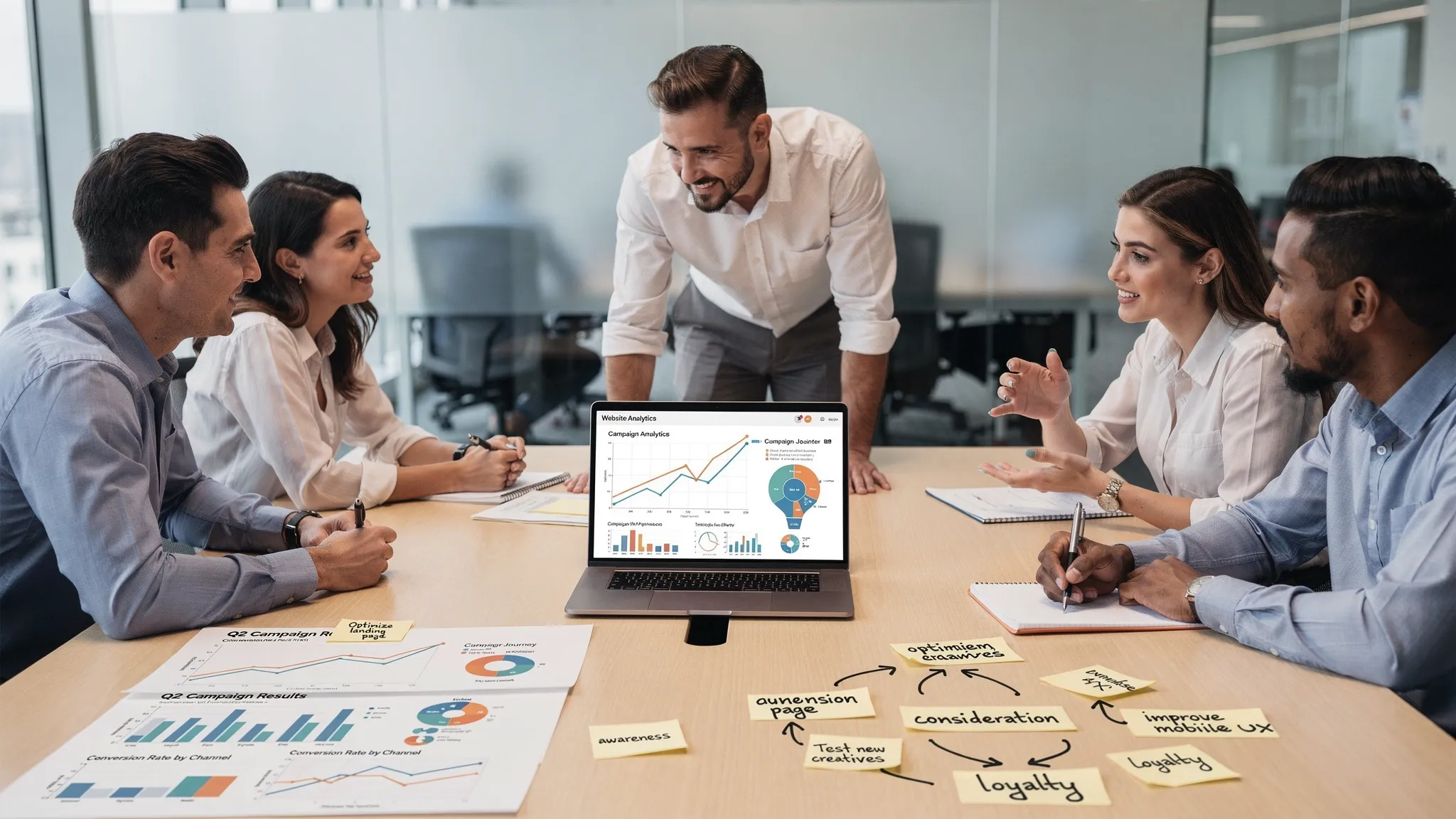 A marketing team reviewing website analytics, campaign performance charts, and customer journey notes on a collaborative workspace.