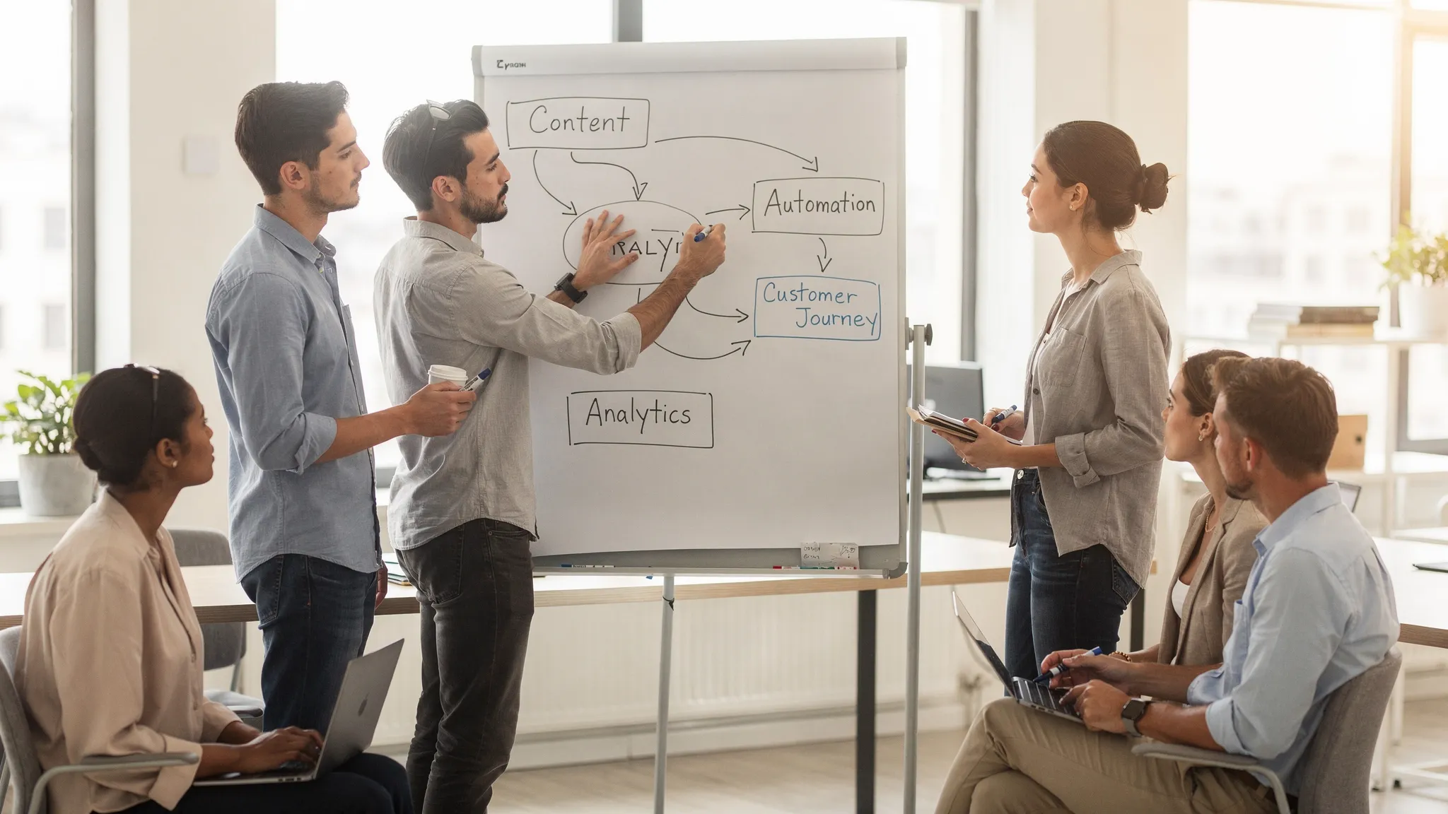 A small marketing team planning growth strategy around a whiteboard with content, automation, analytics, and customer journey notes arranged into a simple workflow.
