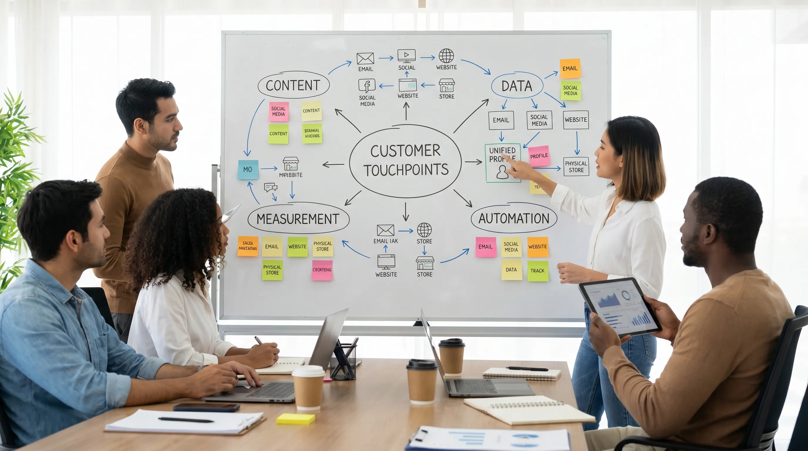 A marketing team planning a connected multi-channel platform strategy with content, data, automation, and measurement elements arranged around customer touchpoints.