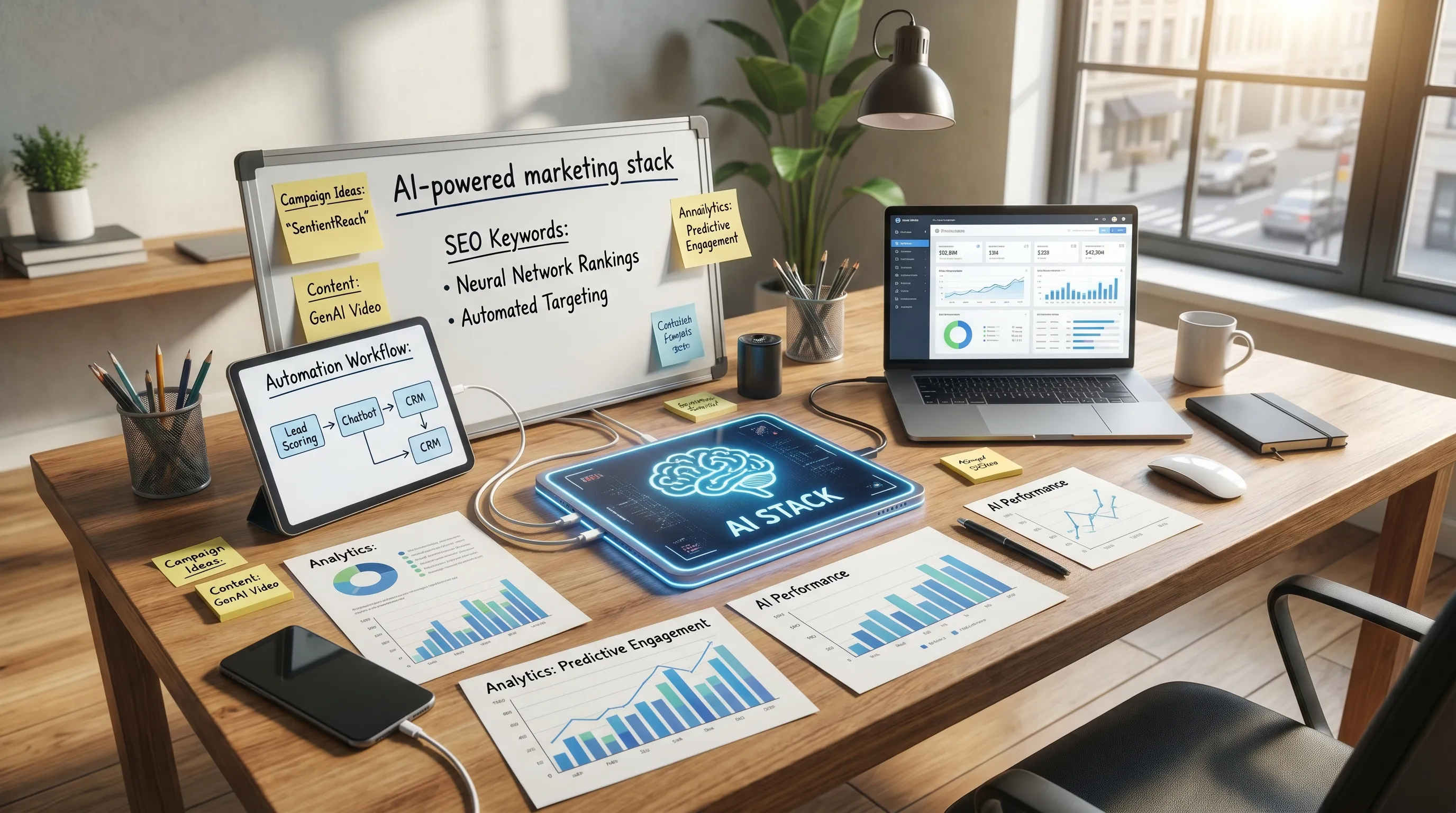A marketing workspace with campaign notes, content ideas, SEO keywords, analytics charts, and automation workflows arranged together to represent an AI-powered marketing stack.