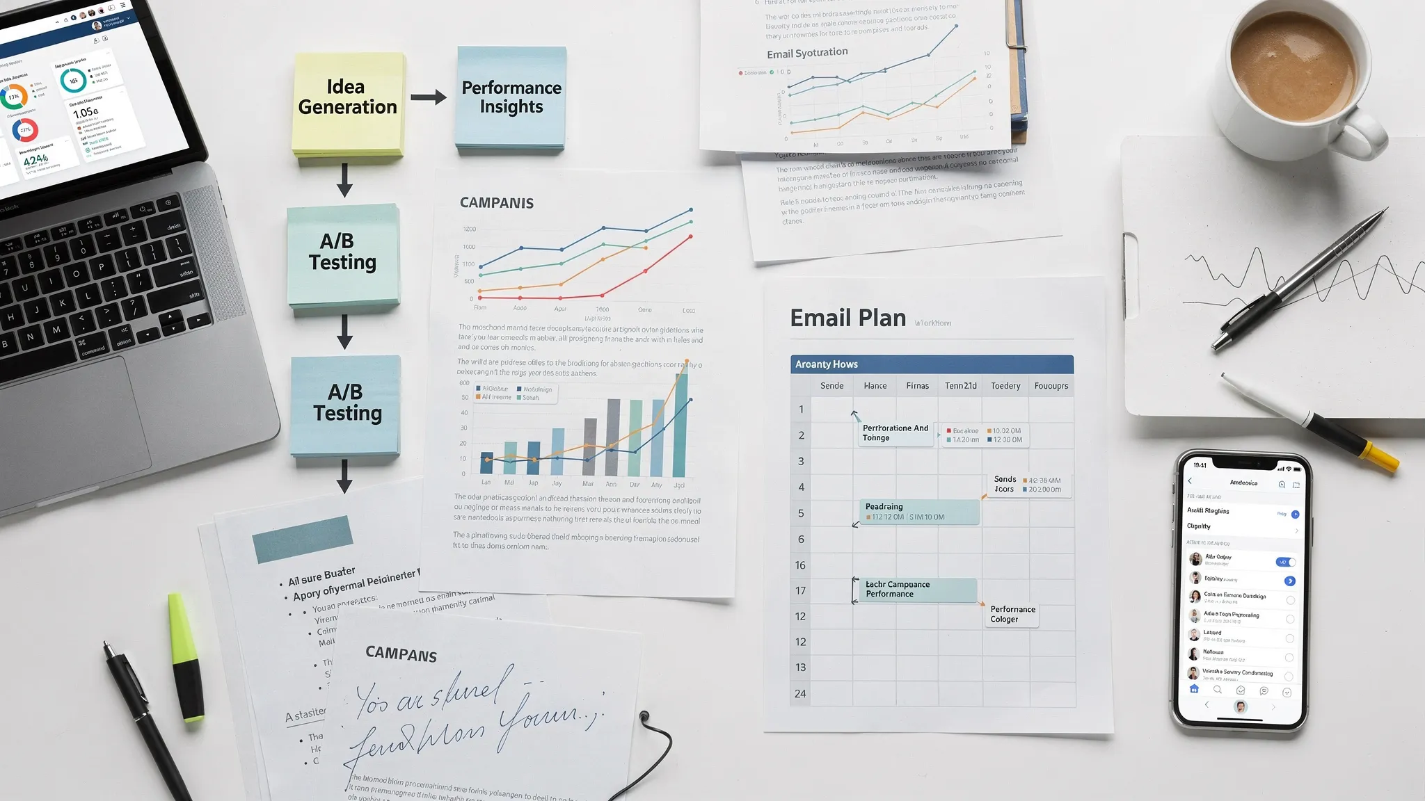 A modern marketing workspace showing campaign notes, analytics charts, content drafts, email plans, and AI-assisted workflow cards arranged across a clean desk.