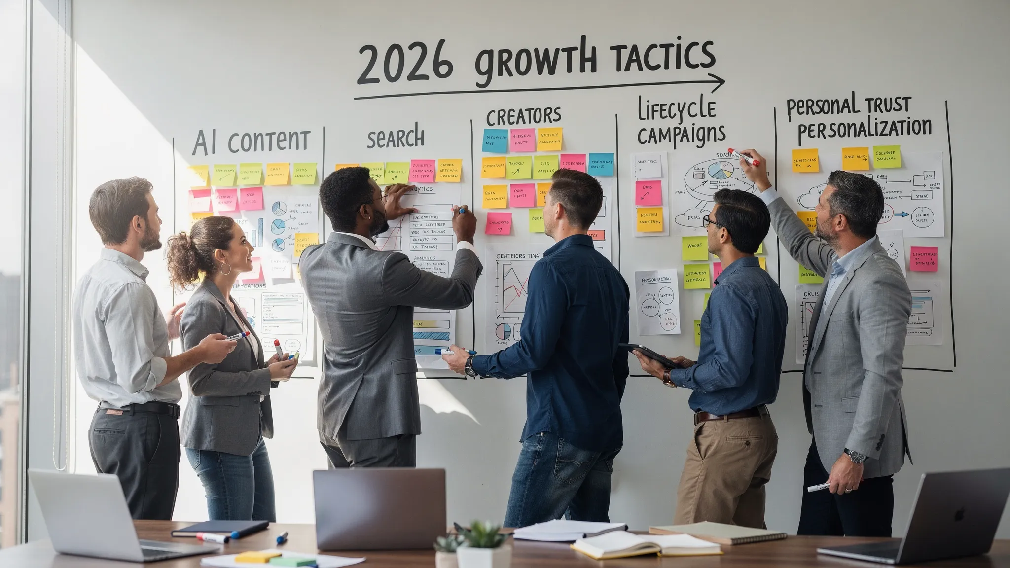 A marketing team maps 2026 growth tactics on a wall with notes for AI content, search, creators, lifecycle campaigns, analytics, customer trust, and personalization.