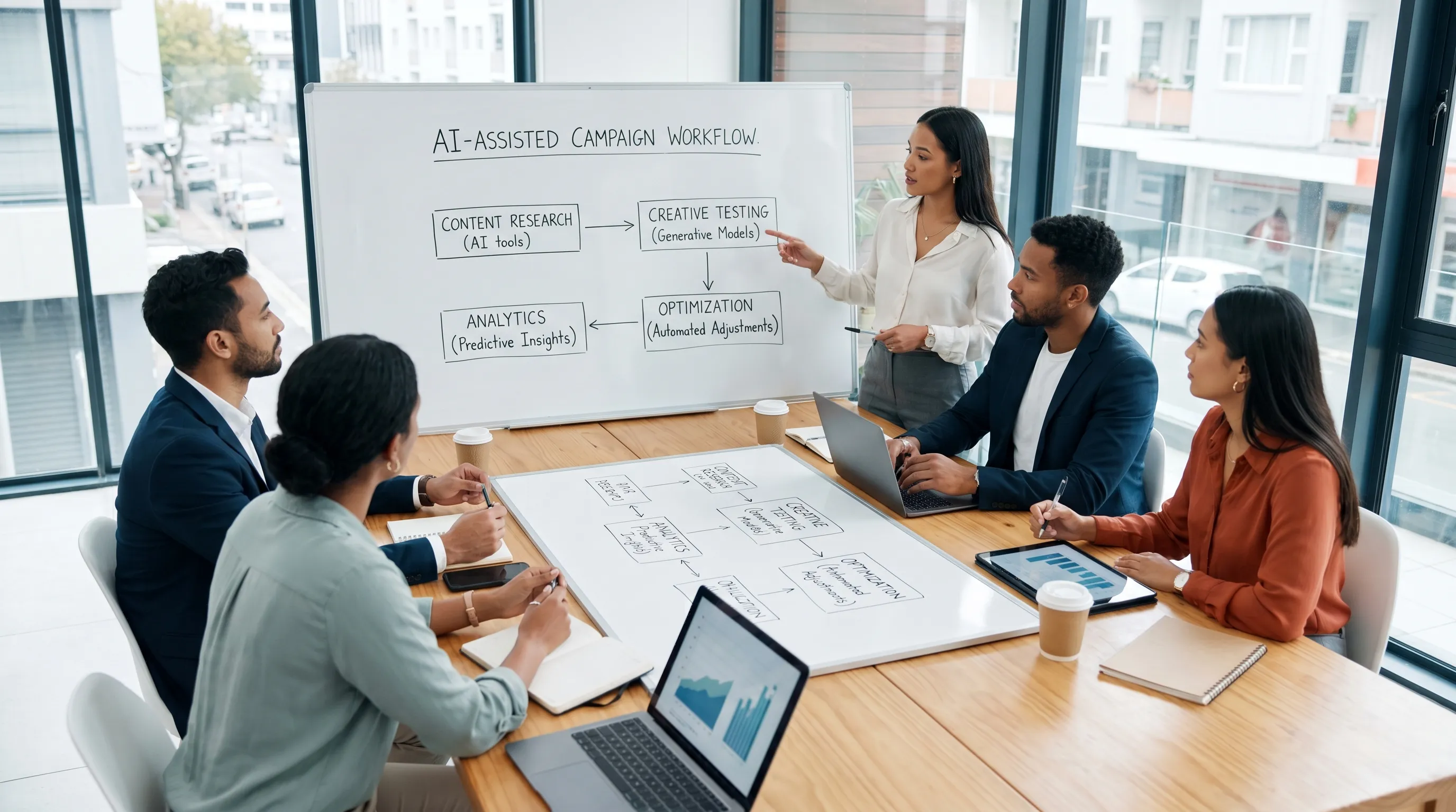 A marketing team planning an AI-assisted campaign workflow with content research, creative testing, analytics, and optimization steps arranged on a clean workspace.