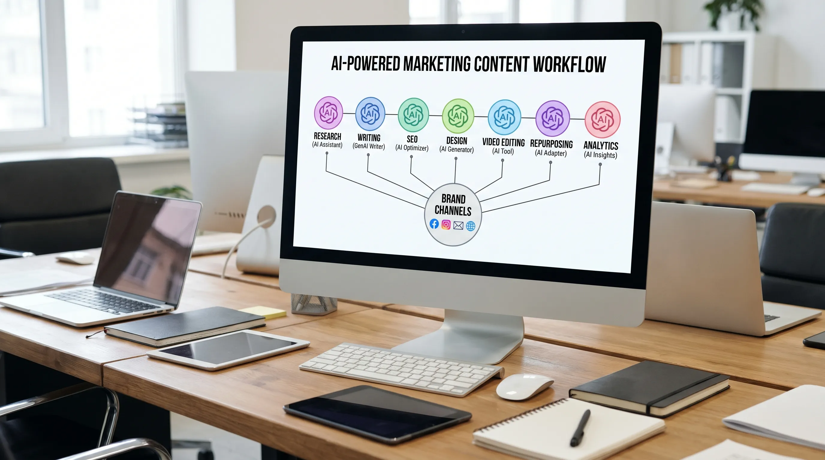 A marketing content workflow showing AI tools supporting research, writing, SEO optimization, design, video editing, repurposing, and analytics across connected brand channels.