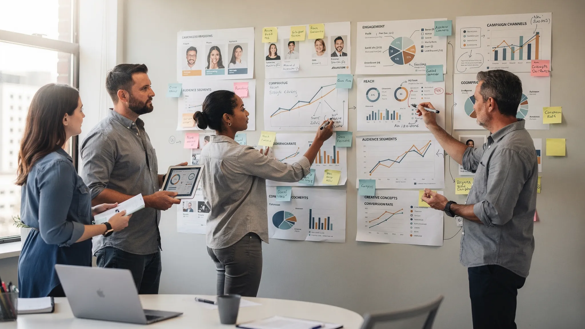 A modern marketing team reviews campaign channels, audience segments, creative concepts, and performance charts on a shared planning wall in a collaborative workspace.