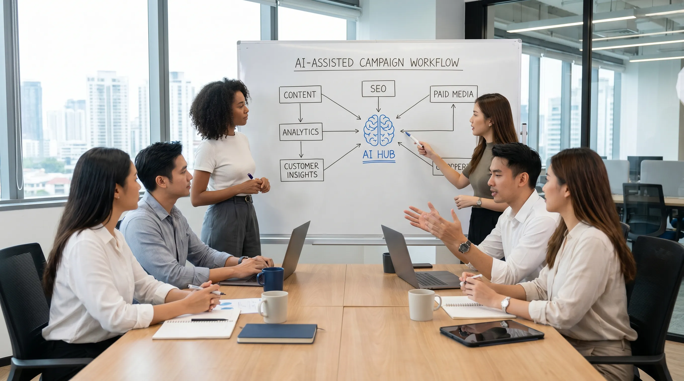 A marketing team planning an AI-assisted campaign workflow with content, SEO, paid media, analytics, and customer insights connected across a clean workspace.