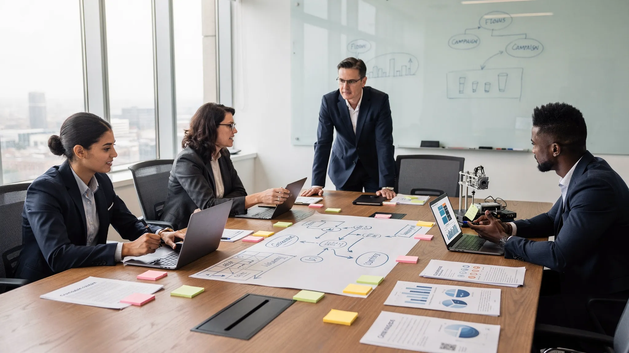 A business leader, marketing strategist, sales manager, and product specialist collaborating around a conference table with notes, customer journey maps, and campaign ideas spread across the surface.