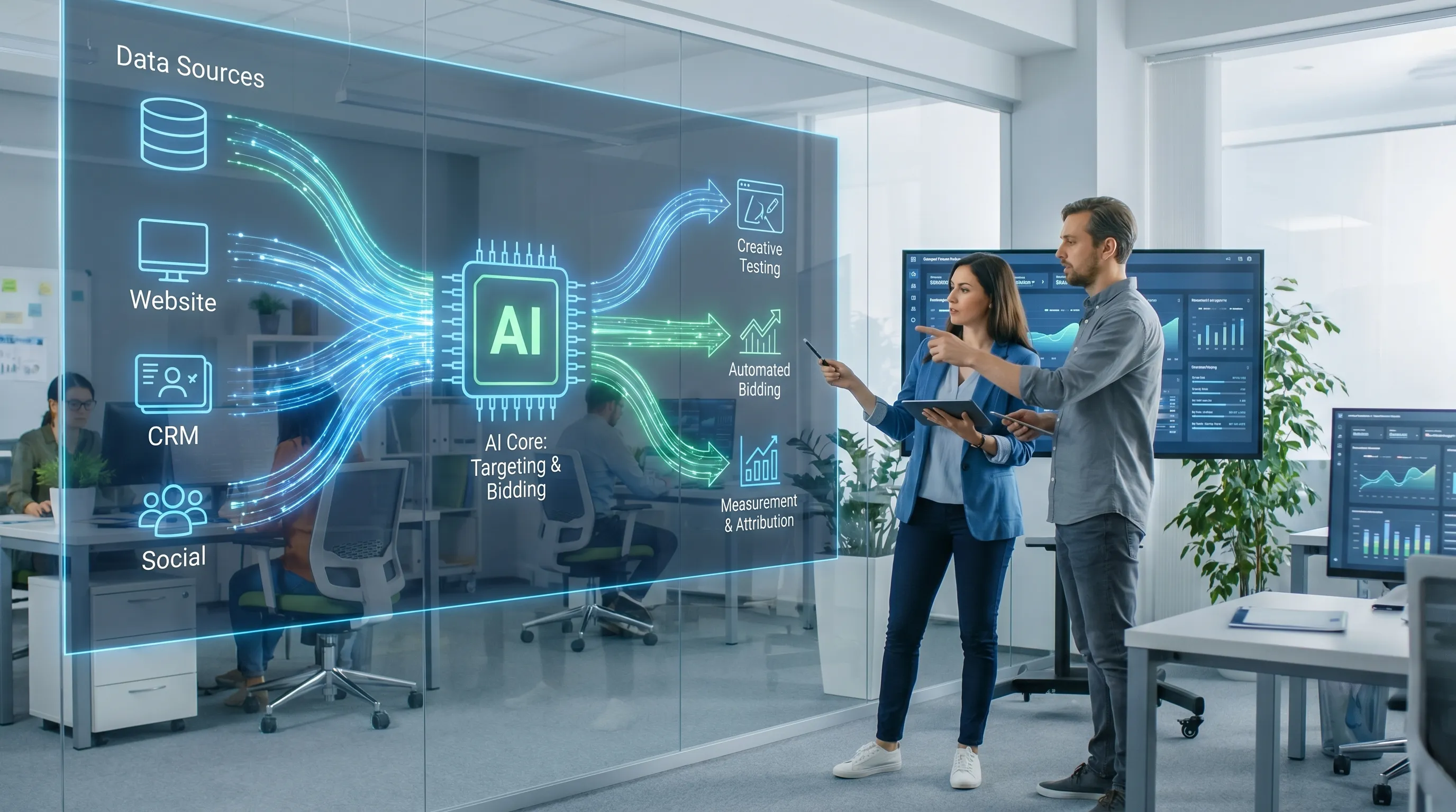 A schematic paid media workflow where streams of data feed AI-powered targeting, creative testing, automated bidding, and measurement, while two marketers review dashboards and refine the system’s strategy.