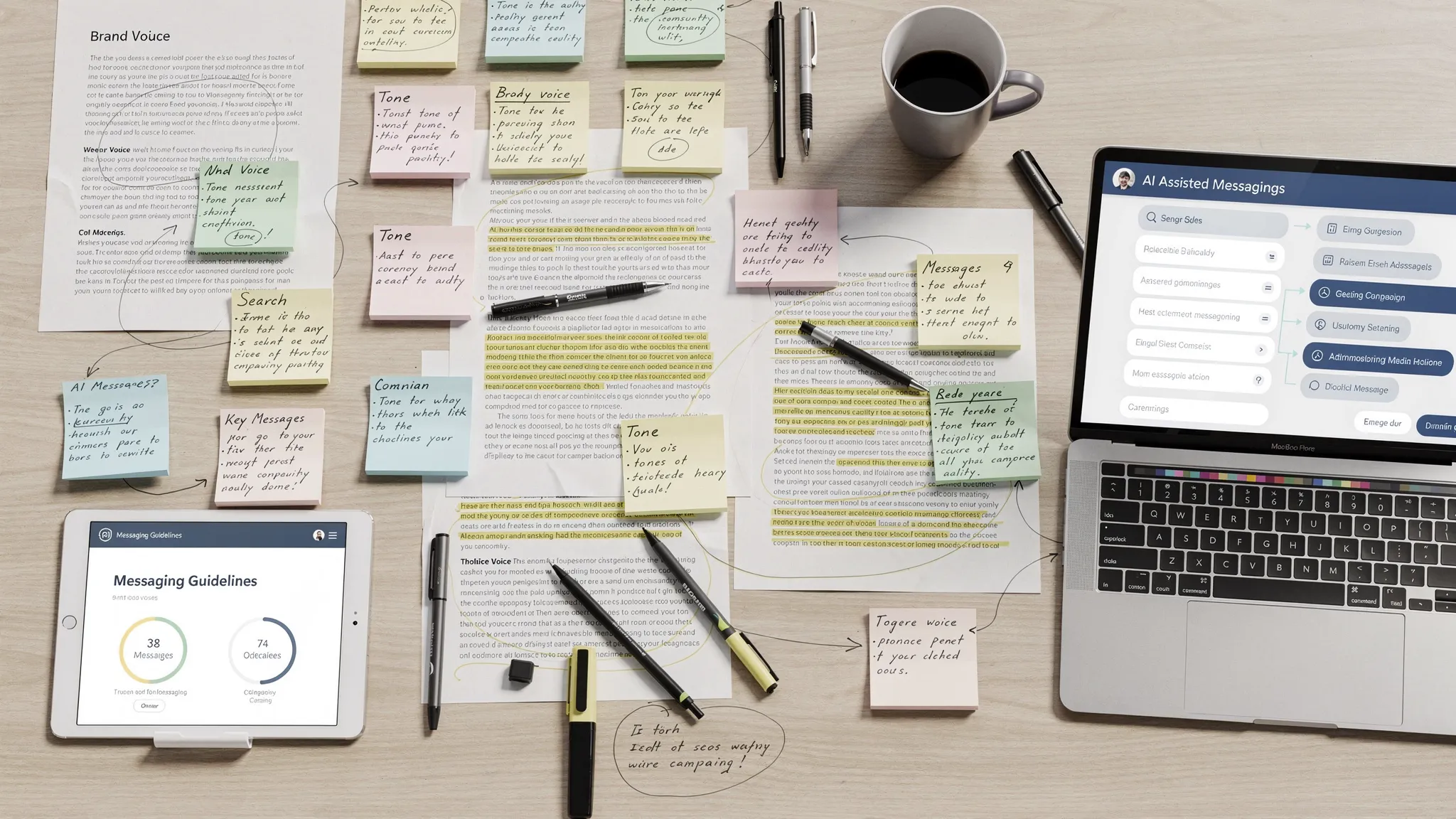 A close overhead view of brand voice notes, content examples, and campaign drafts spread across a shared workspace while preparing AI-assisted messaging guidelines.