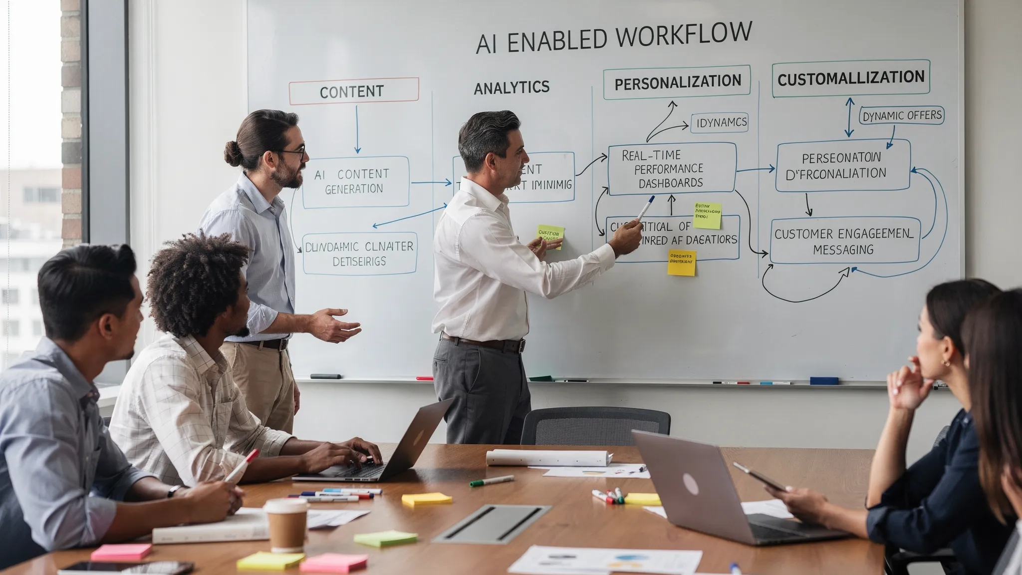 A marketing leader mapping AI-enabled workflows across content, analytics, personalization, and customer engagement on a whiteboard with a small team contributing ideas.