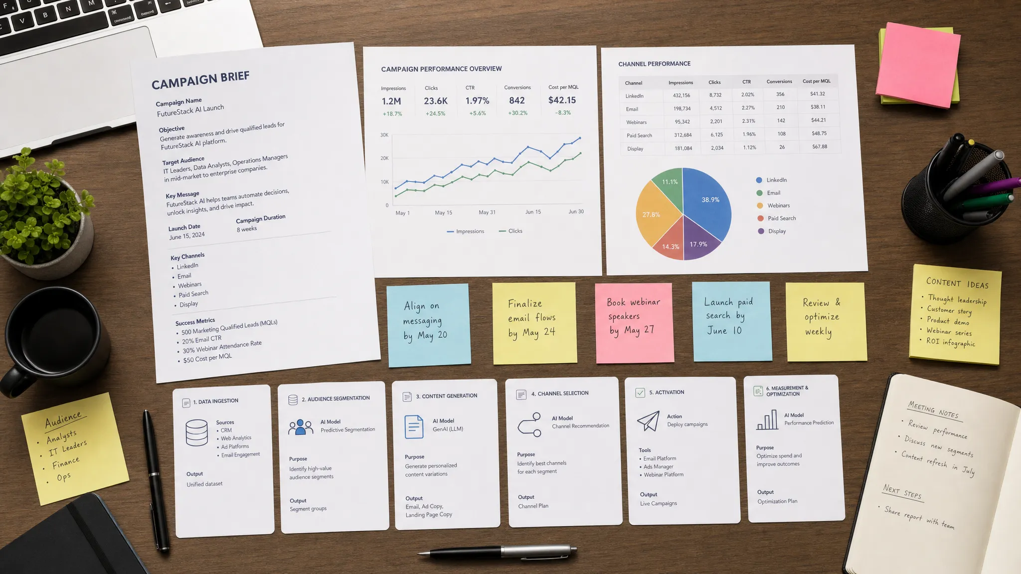 An overhead view of printed campaign briefs, analytics charts, sticky notes, and AI workflow cards arranged on a desk for planning a multi-channel strategy.