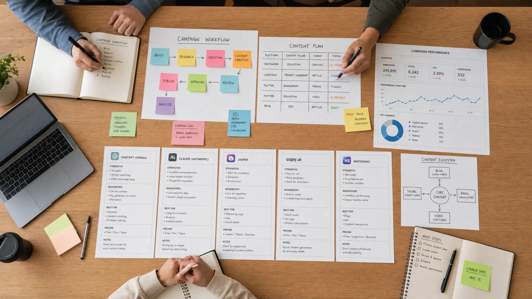 Overhead view of a shared workspace with campaign workflow notes, content planning cards, analytics charts, and several AI tool comparison sheets arranged across the table.